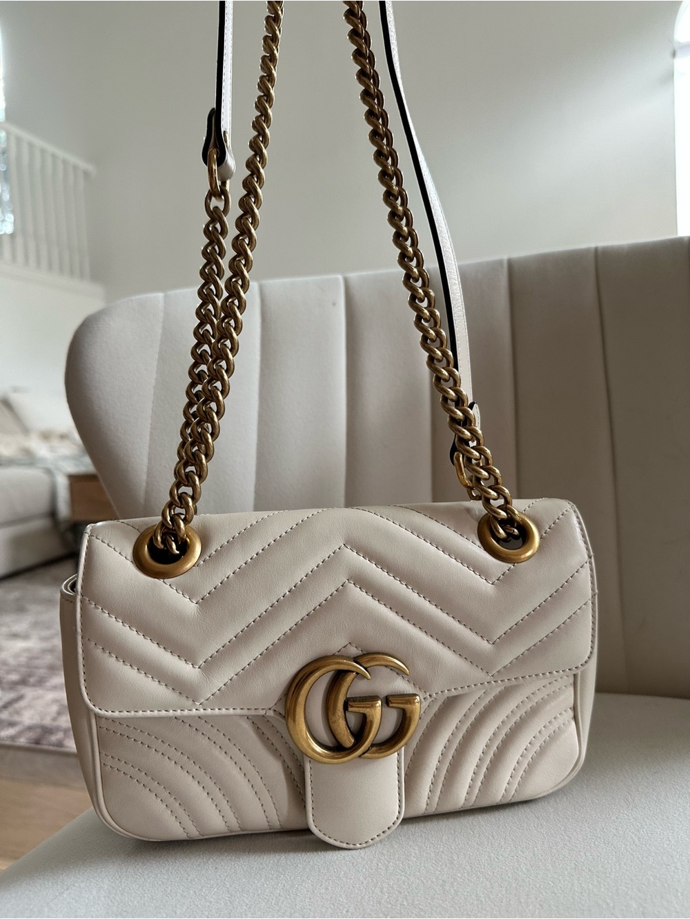 Gucci Cream Matelassé GG Shoulder Bag with Gold Hardware